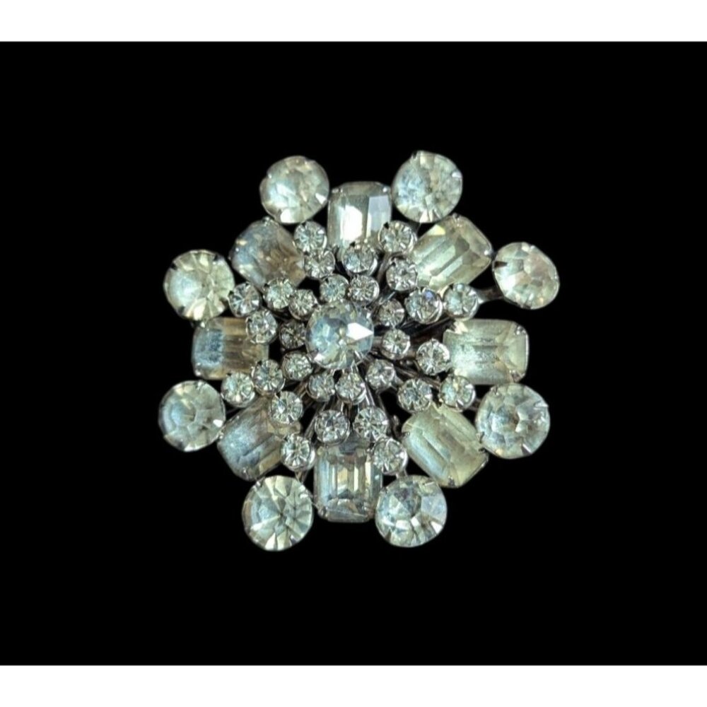 Vintage Rhinestone Crystal Starburst Snowflake Brooch Pin  silver‎ tone wedding